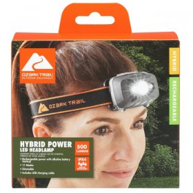 Ozark Trail 500 Lumen LED Headlamp with Hybrid Power (Alkaline and Rechargeable Batteries), Black